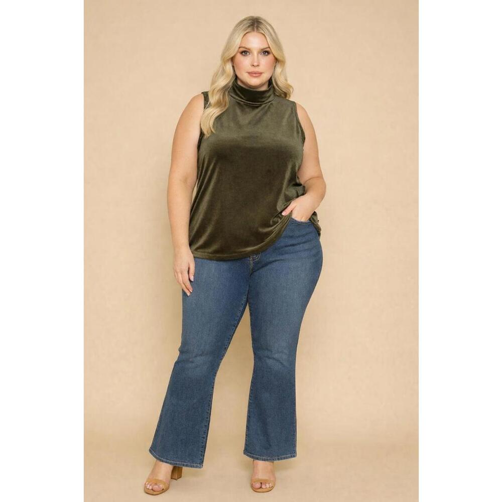 Plus Sz XL Olive Velvet Mock Neck Sleeveless Top Soft Stretch Blouse Wynn Layers